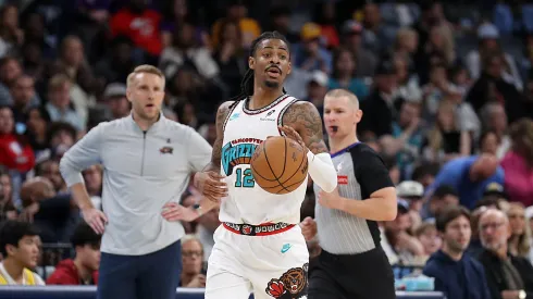 Ja Morant #12 of the Memphis Grizzlies brings the ball up court during the second half against the Los Angeles Lakers