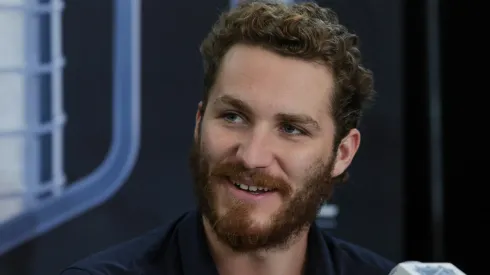 Matthew Tkachuk #19 of the Florida Panthers is interviewed during Media Day for the 2023 NHL Stanley Cup Final between the Panthers and the Vegas Golden Knights at T-Mobile Arena on June 02, 2023 in Las Vegas, Nevada.
