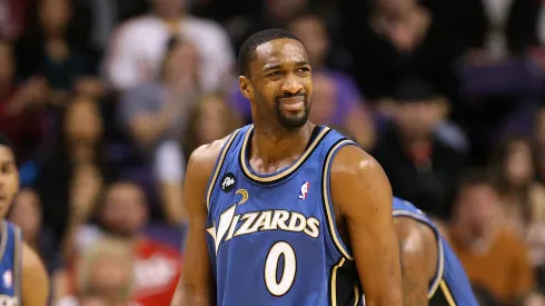 Gilbert Arenas #0 of the Washington Wizards reacts to a call during the NBA game against the Phoenix Suns