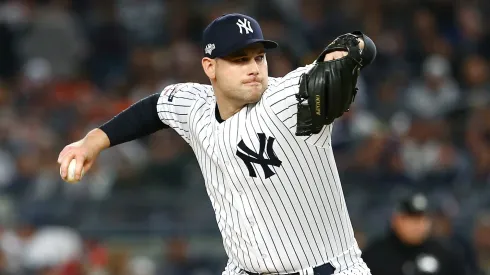 Adam Ottavino #0 of the New York Yankees pitches during the seventh inning against the Houston Astros in game three of the American League Championship Series at Yankee Stadium on October 15, 2019 in New York City.