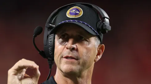Head coach John Harbaugh of the Baltimore Ravens looks on during the NFL game against the Kansas City Chiefs at GEHA Field at Arrowhead Stadium on September 05, 2024 in Kansas City, Missouri. The Chiefs defeated the Ravens 27-20.
