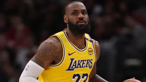LeBron James #23 of the Los Angeles Lakers dribbles against the Chicago Bulls during the first half at the United Center.