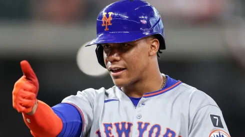 Juan Soto #22 of the New York Mets reacts in the eighth inning against the Houston Astros on Opening Day at Daikin Park on March 27, 2025 in Houston, Texas.