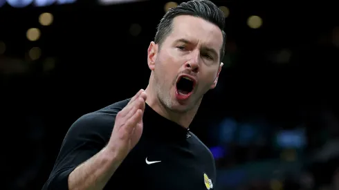 Head coach JJ Redick of the Los Angeles Lakers reacts after he receives a technical foul during the second half abbat TD Garden on March 08, 2025 in Boston, Massachusetts. The Boston Celtics defeated the Los Angeles Lakers 111-101.