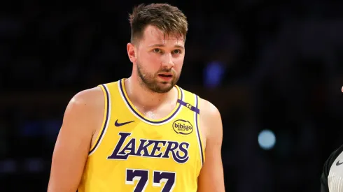 Luka Doncic #77 of the Los Angeles Lakers speaks with a referee during the first half against the New York Knicks at Crypto.com Arena.