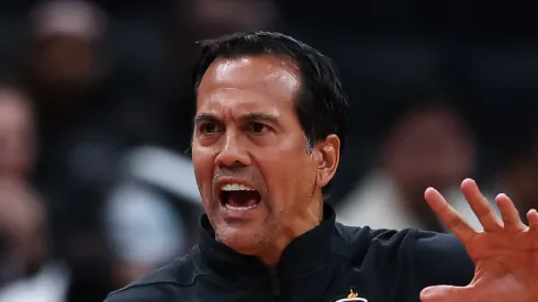 Head coach Erik Spoelstra of the Miami Heat reacts to a play against the Washington Wizards