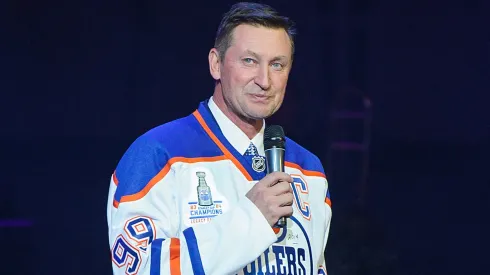 Wayne Gretzky talks to the crowd during the Edmonton Oilers Stanley Cup Reunion at Rexall Place on October 10, 2014 in Edmonton, Alberta, Canada.