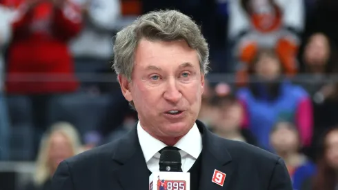 Former NHL player Wayne Gretzky speaks during the celebration after Alex Ovechkin #8 of the Washington Capitals scores his 895th career goal during the second period against the New York Islanders at UBS Arena on April 06, 2025 in Elmont, New York. Ovechkin's goal passes Gretzky's 894 goals to become the NHL all-time goal-scoring leader.