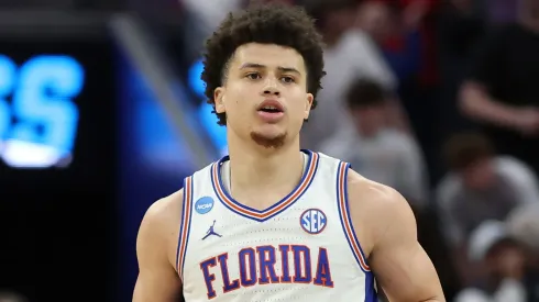 Walter Clayton Jr. #1 of the Florida Gators reacts during the second half against the Texas Tech Red Raiders in the West Regional Elite Eight round of the NCAA Men's Basketball Tournament at Chase Center on March 29, 2025 in San Francisco, California.