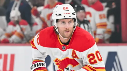 Blake Coleman #20 of the Calgary Flames skates during the first period against the Montreal Canadiens at the Bell Centre on November 5, 2024 in Montreal, Quebec, Canada. The Calgary Flames defeated the Montreal Canadiens 3-2 in overtime.