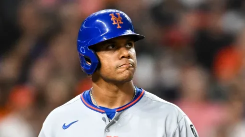 Juan Soto #22 of the New York Mets reacts to being walked in the sixth inning against the Houston Astros at Daikin Park on March 28, 2025 in Houston, Texas.