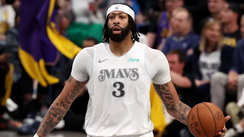 Anthony Davis #3 of the Dallas Mavericks dribbles the ball against the Los Angeles Lakers during the second quarter at American Airlines Center on April 09, 2025 in Dallas, Texas.