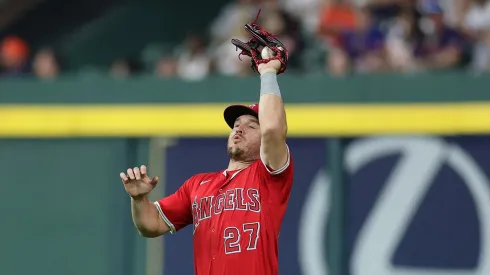 Mike Trout #27 of the Los Angeles Angels catches a fly ball hit by Jeremy Peña #3 of the Houston Astros (not pictured) during the seventh inning at Daikin Park on April 11, 2025 in Houston, Texas.