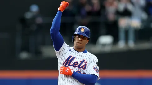 Juan Soto #22 of the New York Mets celebrates after hitting a double against the Toronto Blue Jays during the home opener at Citi Field on April 04, 2025 in the Flushing neighborhood of the Queens borough of New York City.