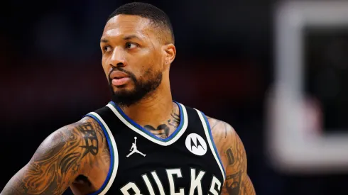Damian Lillard #0 of the Milwaukee Bucks waits for a free throw during a game against the Orlando Magic at Fiserv Forum.