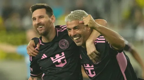 Lionel Messi #10 and Luis Suarez #9 of Inter Miami CF celebrate a goal in the second half against the Columbus Crew at Lower.com Field on October 02, 2024 in Columbus, Ohio.