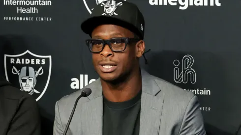 General manager John Spytek of the Las Vegas Raiders, quarterback Geno Smith and head coach Pete Carroll of the Raiders attend a news conference introducing Smith at the Las Vegas Raiders Headquarters/Intermountain Healthcare Performance Center on April 07, 2025 in Henderson, Nevada.