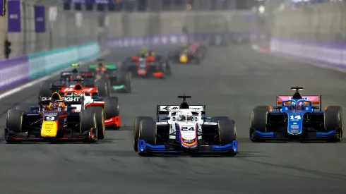 Jak Crawford, Hitech Pulse-Eight, Kush Maini and Jack Doohan battle for track position during the Round 2:Jeddah Sprint race of the Formula 2 Championship on March 18, 2023.