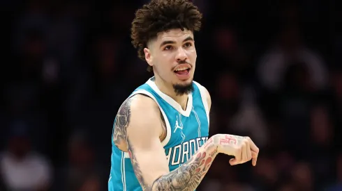 LaMelo Ball #1 of the Charlotte Hornets reacts during the first half of the game against the Minnesota Timberwolves at Spectrum Center on March 05, 2025 in Charlotte, North Carolina.