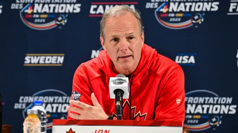 Head coach Jon Cooper of Canada takes questions during media day ahead of the 2025 NHL 4 Nations Face-Off at the Bell Centre on February 11, 2025.