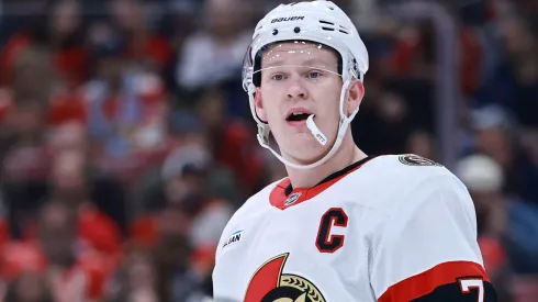 Brady Tkachuk of the Ottawa Senators looks on against the Florida Panthers during the first period at Amerant Bank Arena on February 08, 2025 in Sunrise, Florida.