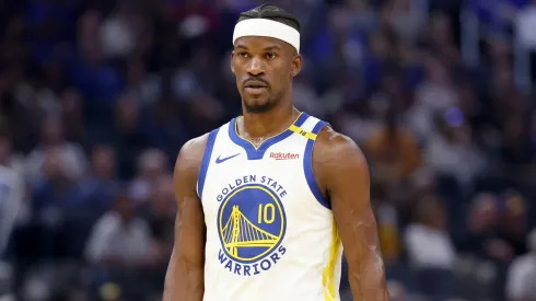 Jimmy Butler III #10 of the Golden State Warriors stands on the court during their game against the LA Clippers at Chase Center on April 13, 2025 in San Francisco, California.