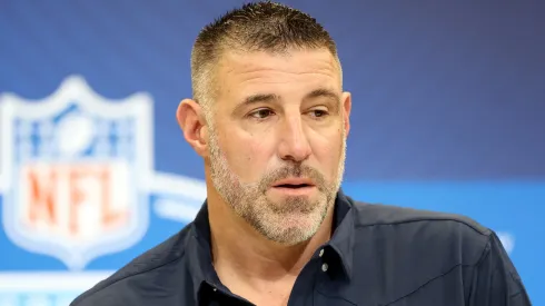 Head coach Mike Vrabel of the New England Patriots speaks to the media during the NFL Scouting Combine at the Indiana Convention Center on February 25, 2025 in Indianapolis, Indiana.