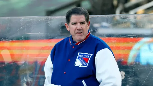 Head coach Peter Laviolette of the New York Rangers looks on against the New York Islanders during the first period during the 2024 Navy Federal Credit Union Stadium Series at MetLife Stadium on February 18, 2024 in East Rutherford, New Jersey.