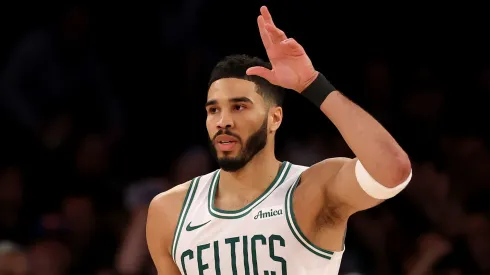Jayson Tatum #0 of the Boston Celtics reacts in the second half against the New York Knicks at Madison Square Garden on April 08, 2025 in New York City. The Boston Celtics defeated the New York Knicks 119-117 in overtime.