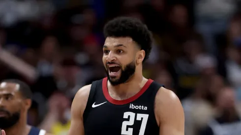 Jamal Murray #27 of the Denver Nuggets reacts after a foul during the second quarter in Game Two of the Western Conference Second Round Playoffs against the Minnesota Timberwolves