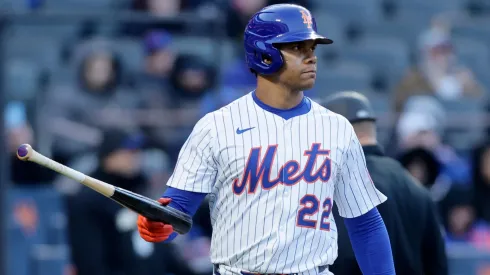 Juan Soto #22 of the New York Mets is intentionally walked to load the bases in the sixth inning against the Miami Marlins.