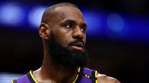 LeBron James #23 of the Los Angeles Lakers looks on against the Dallas Mavericks during the fourth quarter at American Airlines Center.