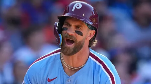 Bryce Harper #3 of the Philadelphia Phillies reacts after flying out in the bottom of the second inning against the San Francisco Giants at Citizens Bank Park on April 17, 2025 in Philadelphia, Pennsylvania. The Phillies defeated the Giants 6-4.