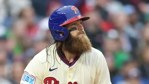 Brandon Marsh #16 of the Philadelphia Phillies at bat during a game against the Los Angeles Dodgers at at Citizens Bank Park on April 05, 2025 in Philadelphia, Pennsylvania.