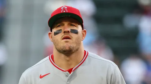 Mike Trout #27 of the Los Angeles Angels is seen on the field during warmups before a game against the Texas Rangers at Globe Life Field on April 15, 2025 in Arlington, Texas. All players are wearing the number 42 in honor of Jackie Robinson Day.