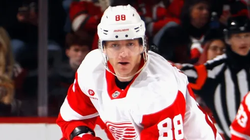 Patrick Kane #88 of the Detroit Red Wings skates against the New Jersey Devils at Prudential Center on April 16, 2025 in Newark, New Jersey.