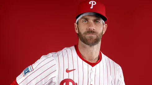 Bryce Harper #3 of the Philadelphia Phillies poses for a portrait during the Philadelphia Phillies Photo Day at BayCare Ballpark on February 20, 2025.