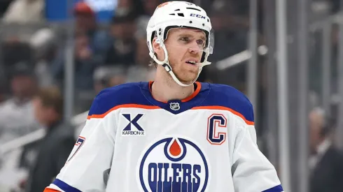Connor McDavid #97 of the Edmonton Oilers reacts against the Los Angeles Kings during the first period in Game One of the First Round of the 2025 Stanley Cup Playoffs.