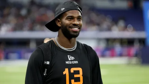 Shedeur Sanders #QB13 of Colorado looks on during the NFL Scouting Combine at Lucas Oil Stadium on March 01, 2025.