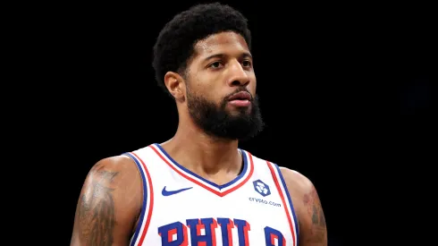 Paul George #8 of the Philadelphia 76ers in action against the Brooklyn Nets at Barclays Center.