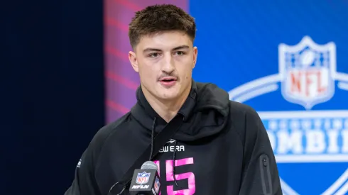 Colston Loveland of Michigan speaks to the media during the 2025 NFL Scouting Combine at Lucas Oil Stadium on February 27, 2025.