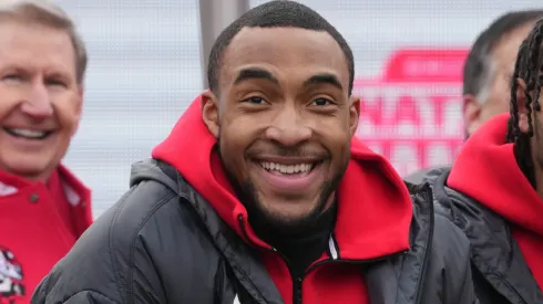 Running back TreVeyon Henderson look on during the NCAA Football Championship celebration in 2025.