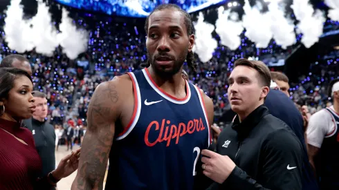 Kawhi Leonard #2 of the Los Angeles Clippers reacts after defeating the Denver Nuggets in Game Three of the Western Conference First Round NBA Playoffs at Intuit Dome on April 24, 2025 in Inglewood, California.