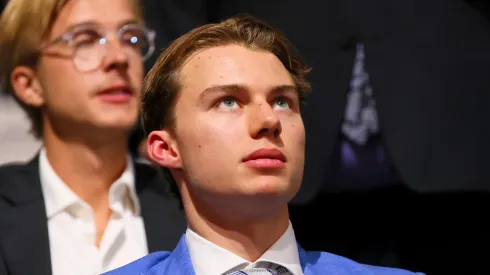 Connor Bedard is seen prior to round one of the 2023 Upper Deck NHL Draft at Bridgestone Arena on June 28, 2023 in Nashville, Tennessee.