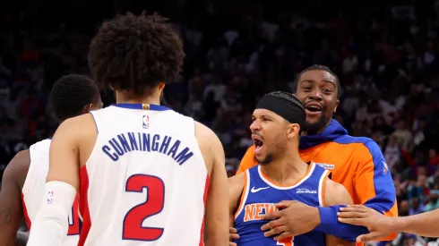 Josh Hart #3 of the New York Knicks reacts after defeating the Detroit Pistons in Game Four of the Eastern Conference First Round NBA Playoff