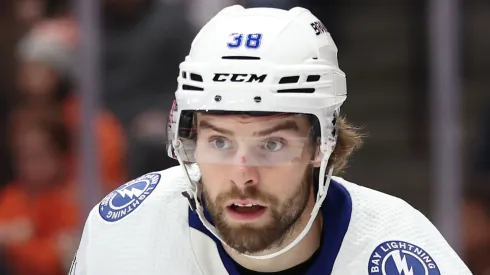 Brandon Hagel #38 of the Tampa Bay Lightning looks on during the third period of a game against the Anaheim Ducks at Honda Center on March 24, 2024 in Anaheim, California.