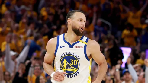 Stephen Curry #30 of the Golden State Warriors reacts after making a basket against the Houston Rockets