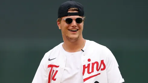 J.J. McCarthy of the Minnesota Vikings looks on prior to the start of the game between the Tampa Bay Rays and Minnesota Twins at Target Field on June 18, 2024 in Minneapolis, Minnesota.