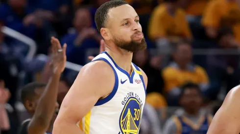 Stephen Curry #30 of the Golden State Warriors reacts after Curry made a basket during their game ain Game Three of the Western Conference First Round NBA Playoffs.