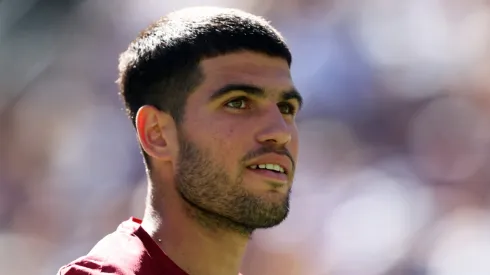 Carlos Alcaraz of Spain on court as he plays against Quentin Halys of France in their second round match during Indian Wells.